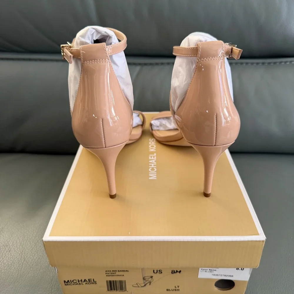 Michael Kors Ava Mid Sandal Patent Lt Blush Pink Stiletto Heels 40F9AVMA1A 8M